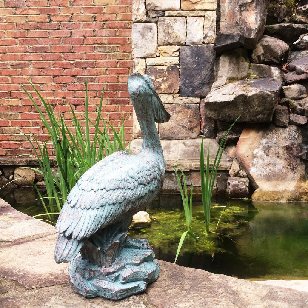 Nautical Coastal Bronze 20 Statue in. Homestyles Patina on Rock Beach Pelican