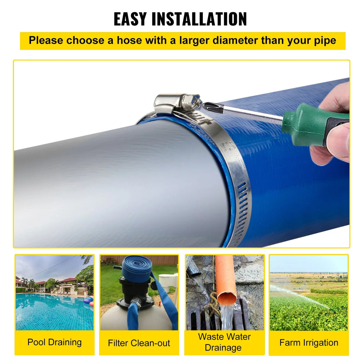 Blue Ideal Clamps, Hose, Discharge for & VEVOR Weather-proof Heavy Flat Lay 105', & Swimming Fabric Transfer, with Water 1-12" Hose, Backwash Hose Drain Burst-proof, Pool Duty x