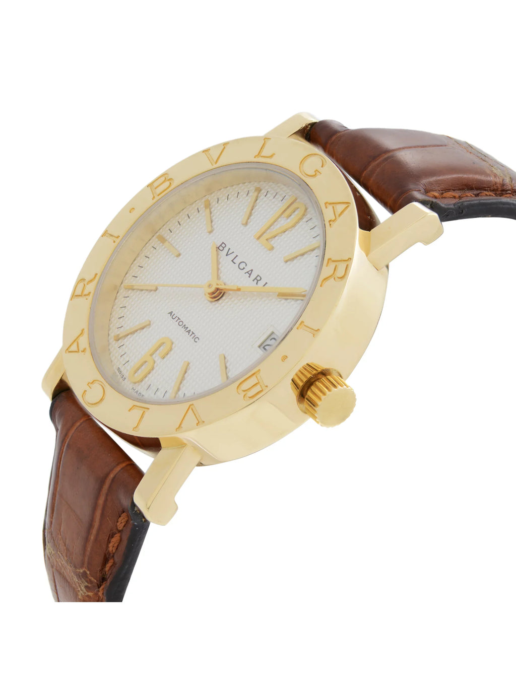 BB33GL Bvlgari Gold Dial Automatic Strap 33mm 18k Leather Watch White Yellow