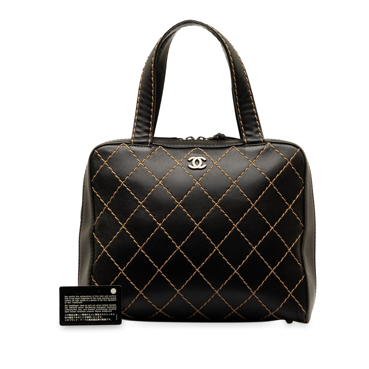 Lambskin Unisex Handbag CC HandleBag Wild Authenticated Leather Top (Good) Chanel Stitch Pre-Owned