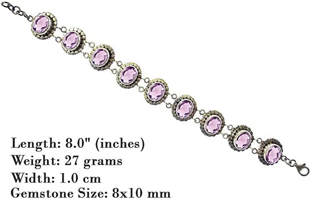 Silver Sterling Gypsy to 7.5” Ethnic / Handcrafted Gemstone Bracelet Designer Tribal Fashion Inch Amethyst Adjustable for Beautifully Unique 8” Purple Length 925 Women Genuine