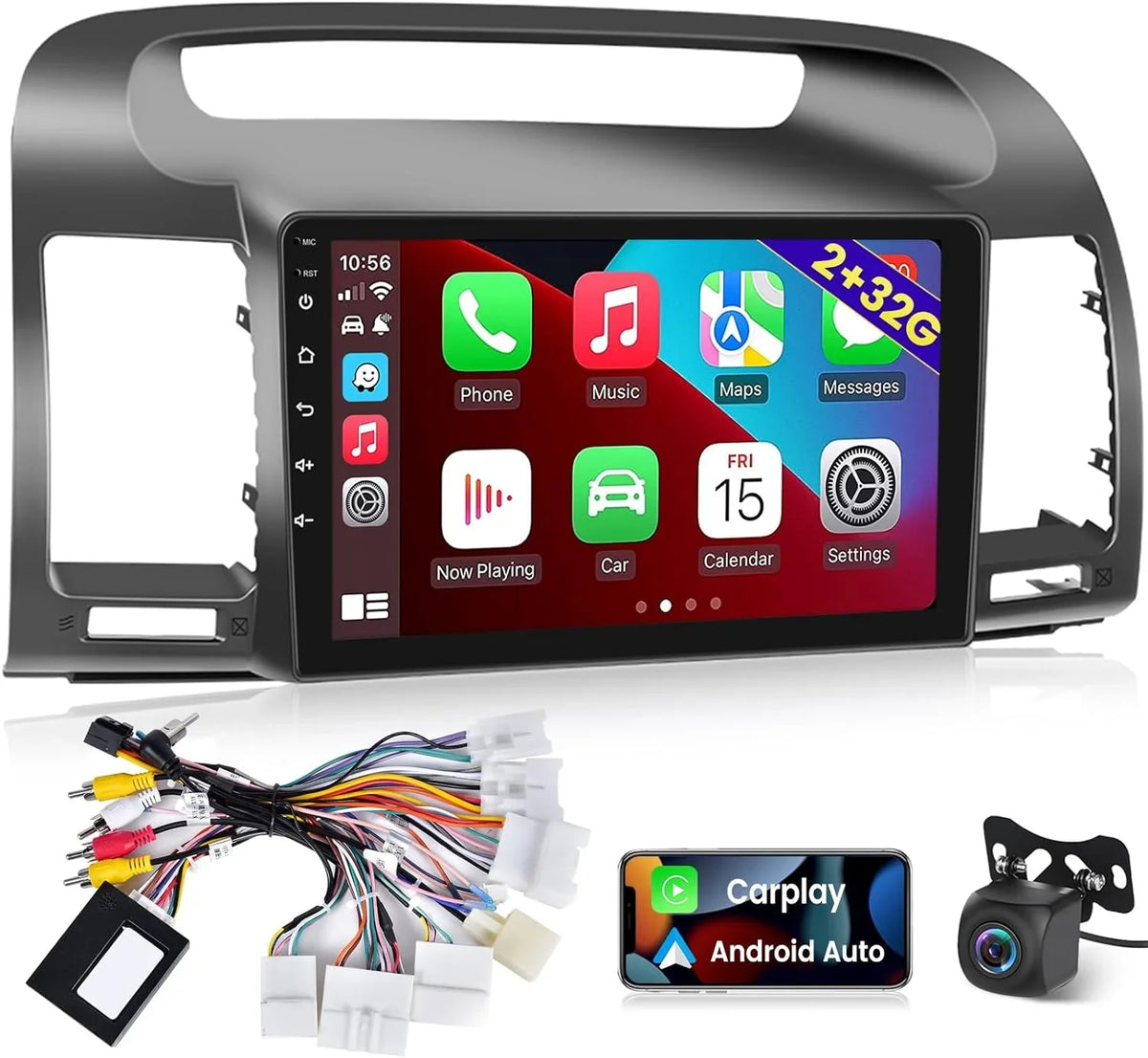 Camera Dual Camry Built with Auto Radio GPS, 2000-2006, Andriod Rear Android 2+32G View WiFi, THONZER Carplay Inch Stereo For 9 Link, Car and Wireless Toyota Mirror Touchscreen in USB +