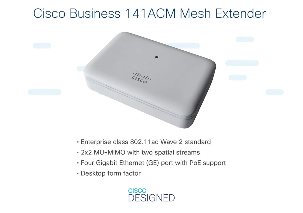 2 Systems Cisco Wave 802.11ac Desktop 2x2 Mesh White Extender, CBW141ACM-B-NA