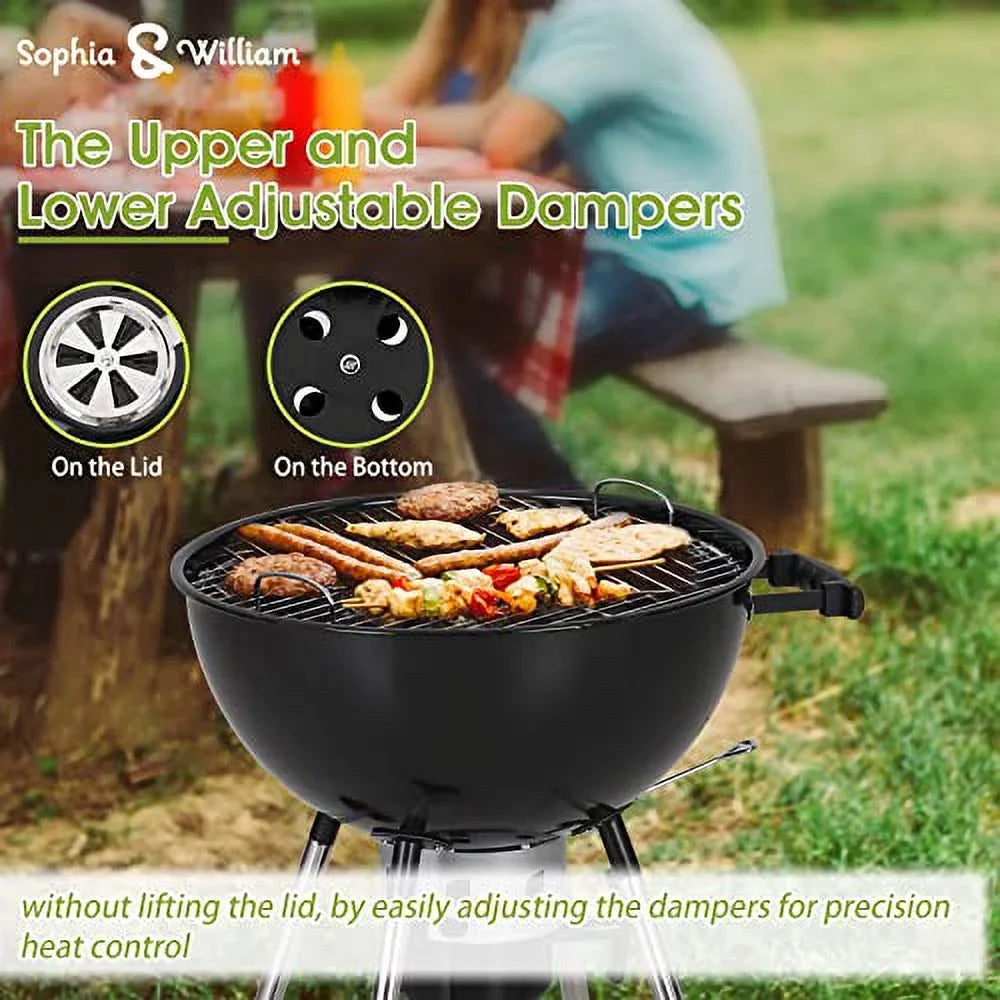 with Chromeplated for Outdoor Charcoal Picnic and BBQ Grate, Lid 18-inch Ash Porcelain-Enameled & Bowl, Grill Patio Catcher Kettle BBQ Camping, Sophia William