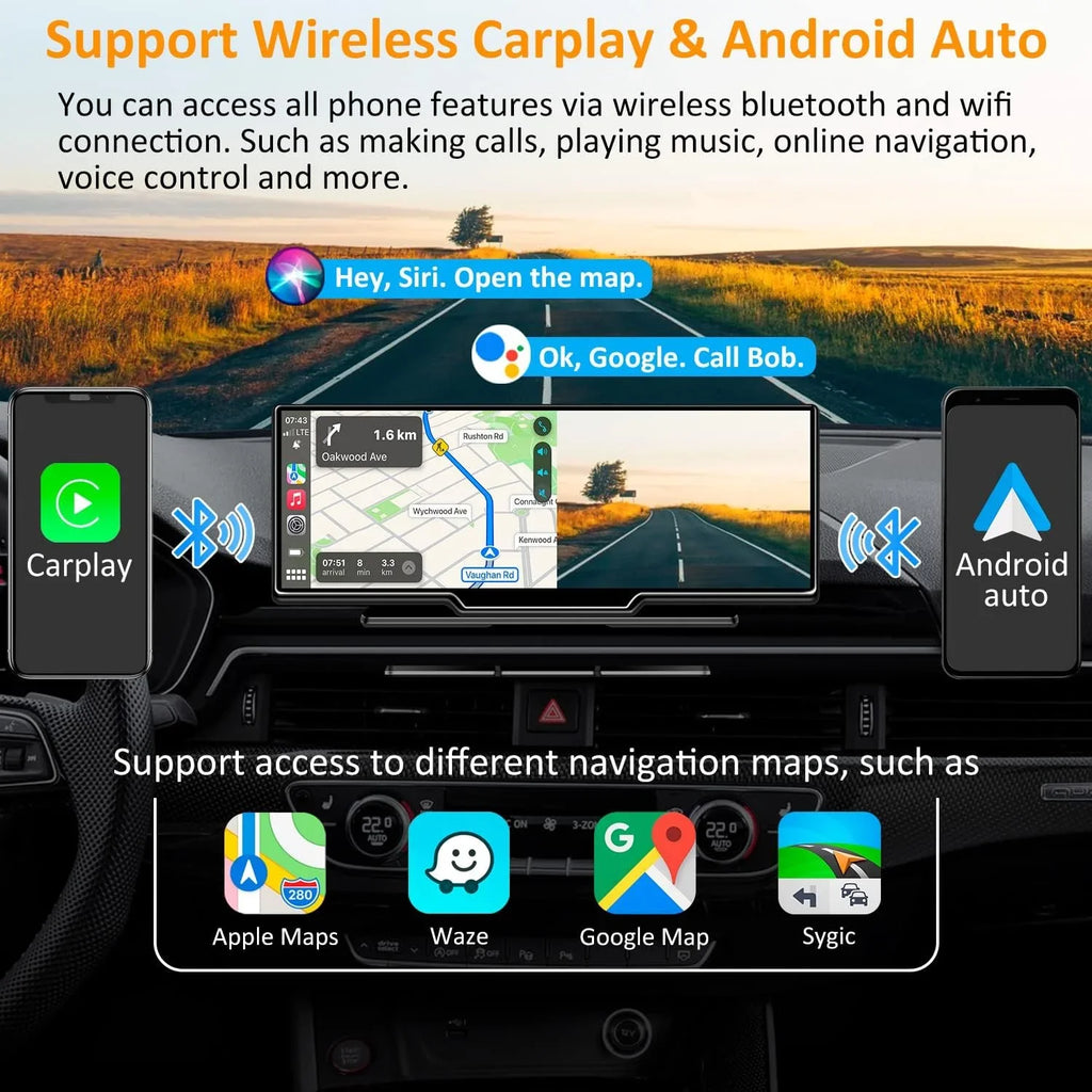 Carplay Camera, Navigation 9" Wireless GPS CAIHONG Receiver Car Auto, Android Head Dash Bluetooth, Recording, IPS Stereo Unit, Car with Portable Screen, HD - Cam 2.5K Backup 1080p Radio Loop
