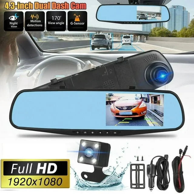 Lens for 4.3" Cam Angle 170°Wide Mirror G-sensor, Dash Monitor, 1080P DVR Car Vision, Dual Rear Motion Cars Rearview Cam Trucks, Camera Night Parking Detection Front Monitor, Car