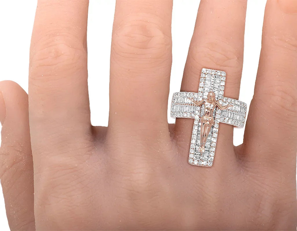 'Jesus Gold CT Cross' Pinky on Ring 1.86 Diamond S10 Baguette