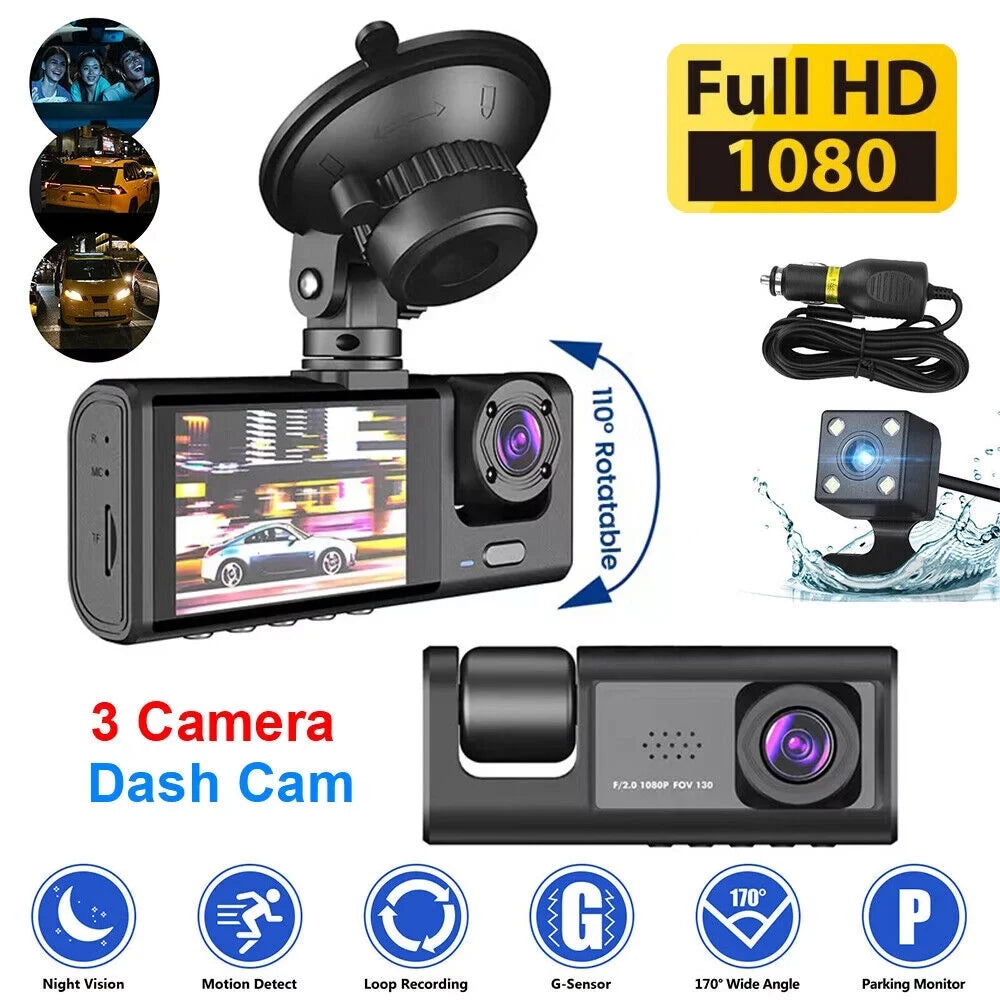 Dual Front/Rear/Inside Car Kqiang Dash HD Cam 1080P G-sensor Camera Lens Video Recorder