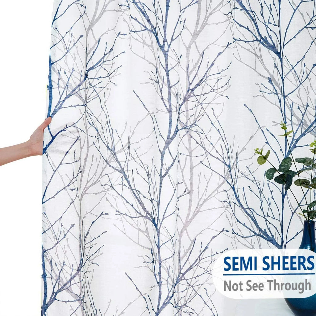 Panels Window Living for Gray White Curtain Blue Branches for Grommet, Decoultimatex Semi Linen Print Bedroom, 52"x84"x2 Sheer Room Drapes Textured Tree Sheer Set Curtain