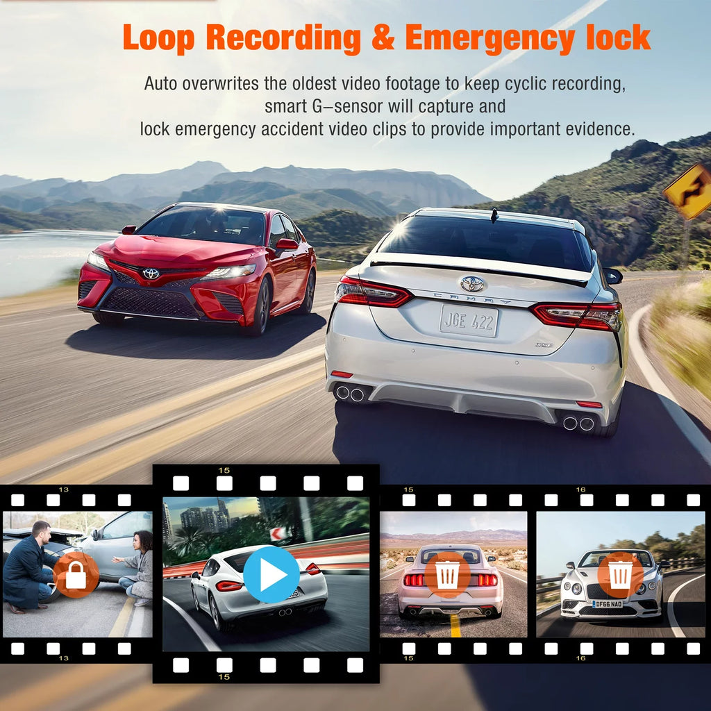 Cam Dash Motion IR with Lock Channel Car Detection and Camera TOGUARD Dash 3 Way Monitor Inside 1080P Vision Front Parking Camera Night Accident Rear Triple Three