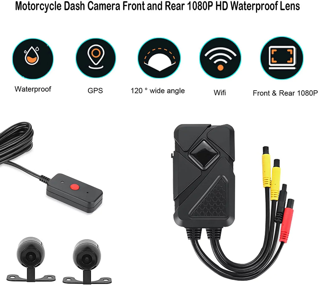 Wide Camera Angle Waterproof GPS with Recording and Front Waterproof HD Lens Camera Motorcycle Wi-Fi, Rear 120° 1080P Dash