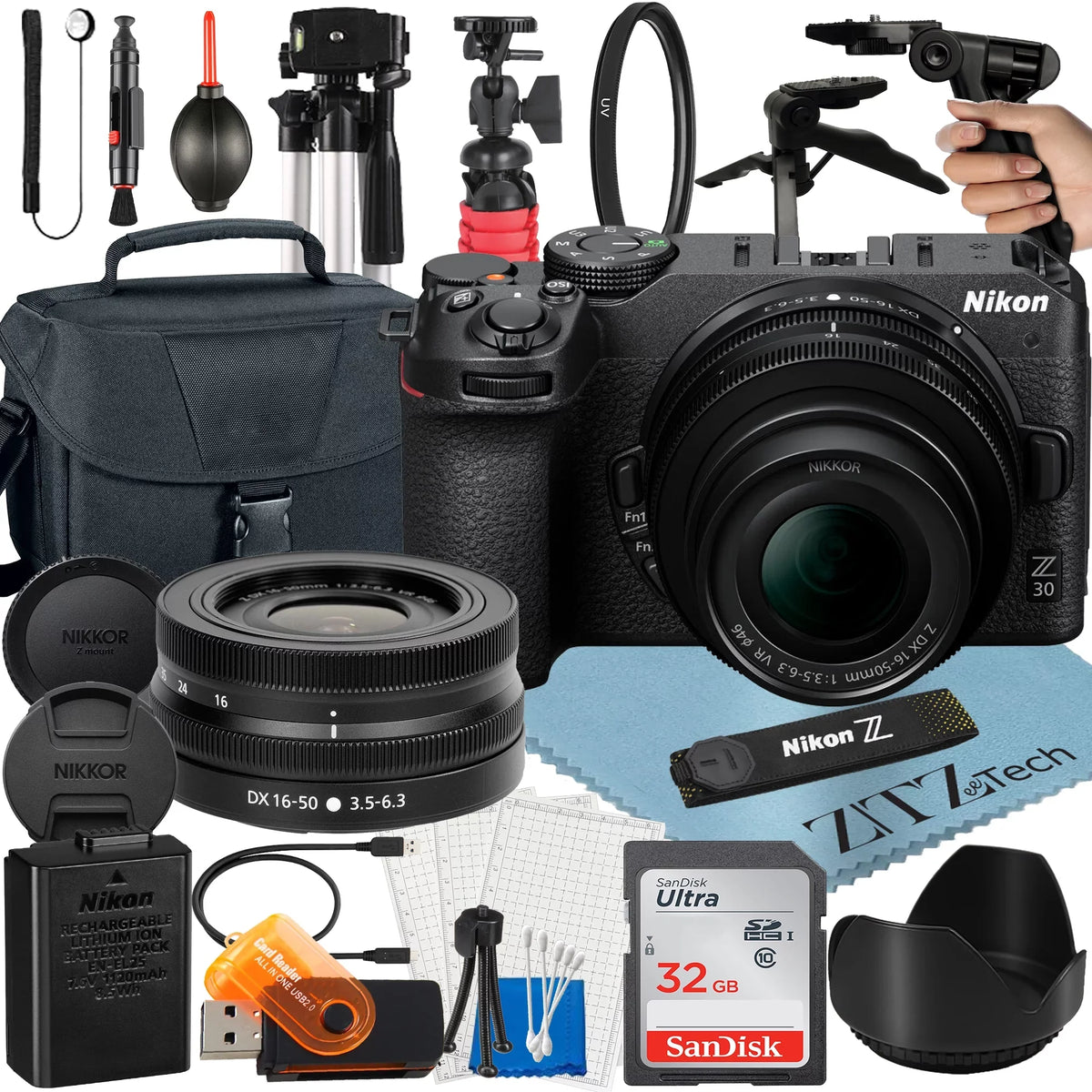VR Card SanDisk + Case + Tripod Lens NIKKOR Bundle Z30 + 16-50mm Camera with 32GB Zoom Accessory ZeeTech Nikon + Mirrorless