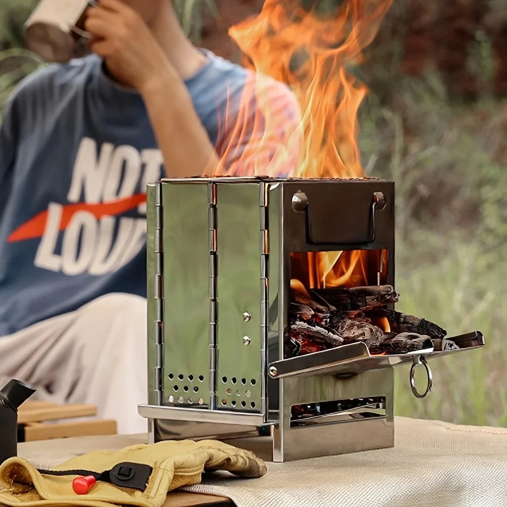 Lightweight Outdoor Burning Backpacking Sturdy Picnic Stove Cooking, Grill Camp Stainless Folding Wood For With Stove For Portable Wood BBQ Steel Camping
