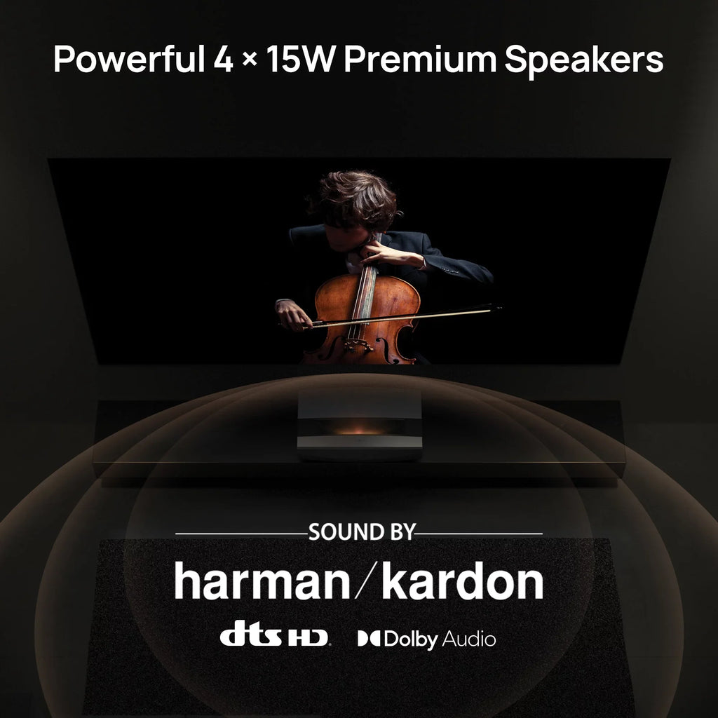 OS AURA TV Laser with 4K Short Kardon Ultra Projector Android Harman Speakers, XGIMI Throw