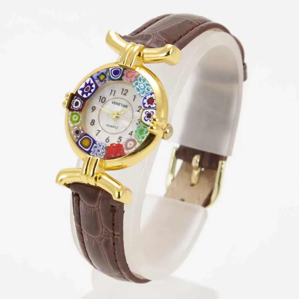 '- Millefiori Leather GlassOfVenice Band Brown with Watch Multicolor Glass Murano