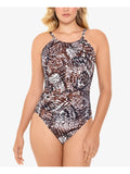 Brown SOLUTIONS Piece Printed Control 10 Swimsuit Women's SWIM Halter Tummy One