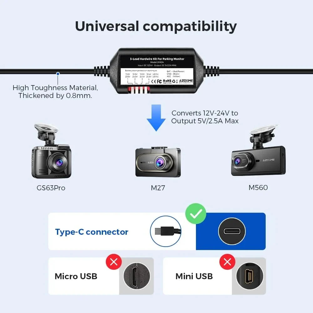 M560-3CH Hardwire M330 for AZDOME Hard Dash M27 M580 Kit, Dashcam, USB PG19X PG16S-3CH Cam Kit Wire Type JYX05 C