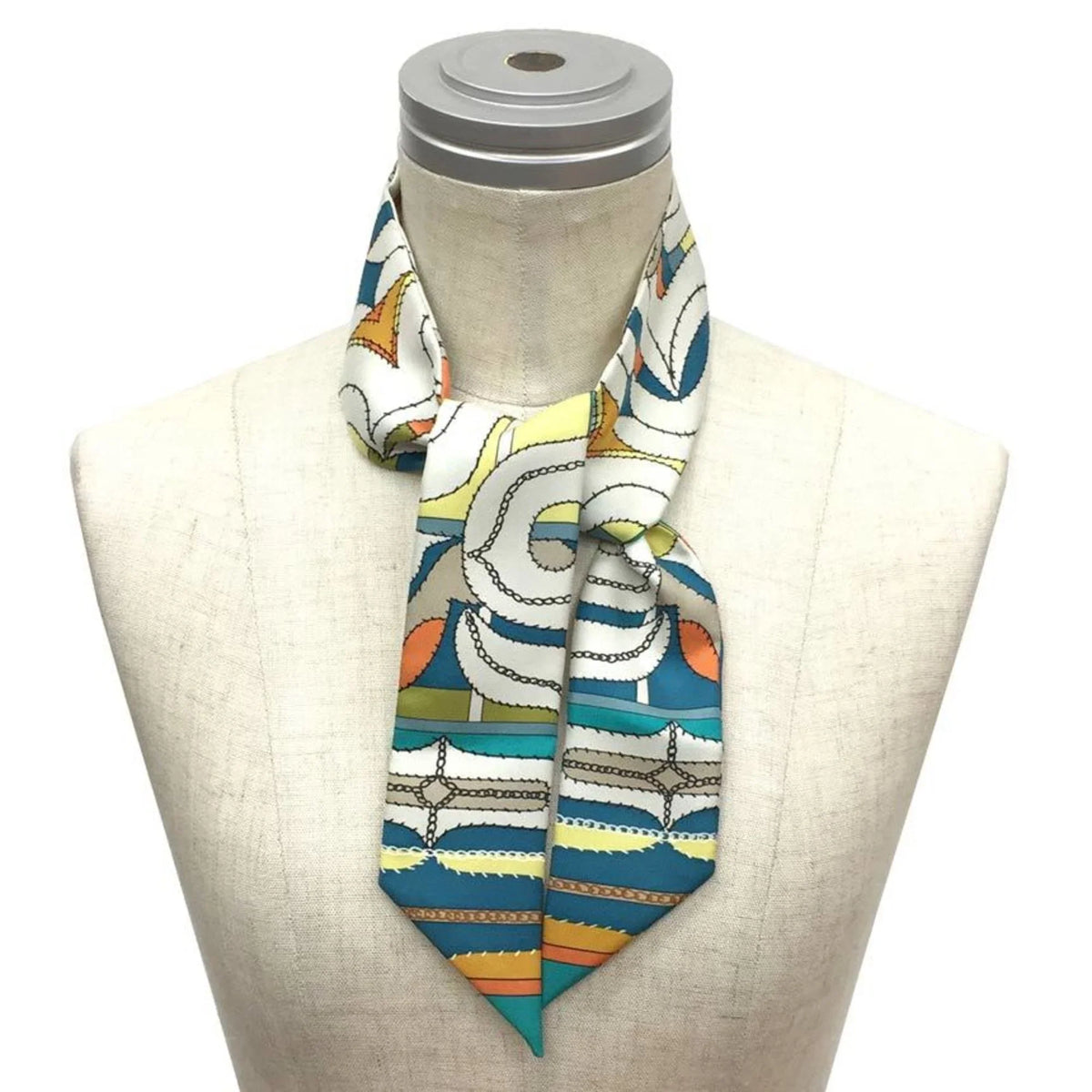 HERMES Orange Muffler Silk Blue 100% Twilly White x Scarf Hermes (Good) Pre-Owned