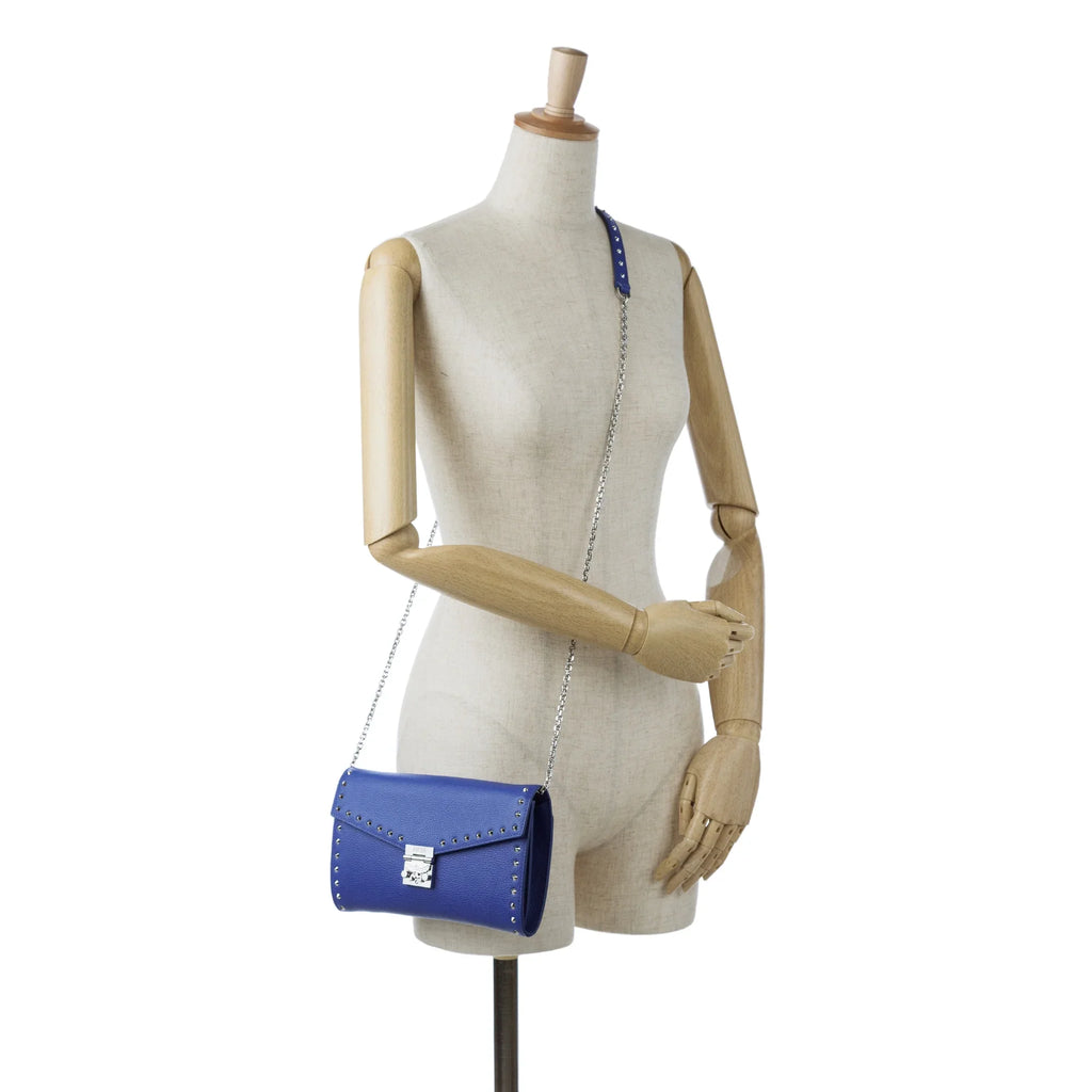 Blue Chain Wallet Crossbody Leather Studded Pre-Owned Authenticated (Good) Bag Calf Unisex Patricia MCM on