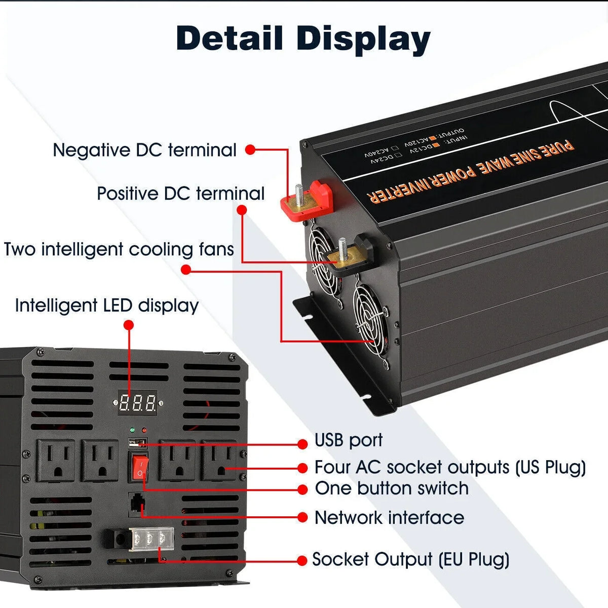 Wave Solar Car DC To Pure LCD Sine Power Converter 7000W AC Inverter 12V 120V Car RV