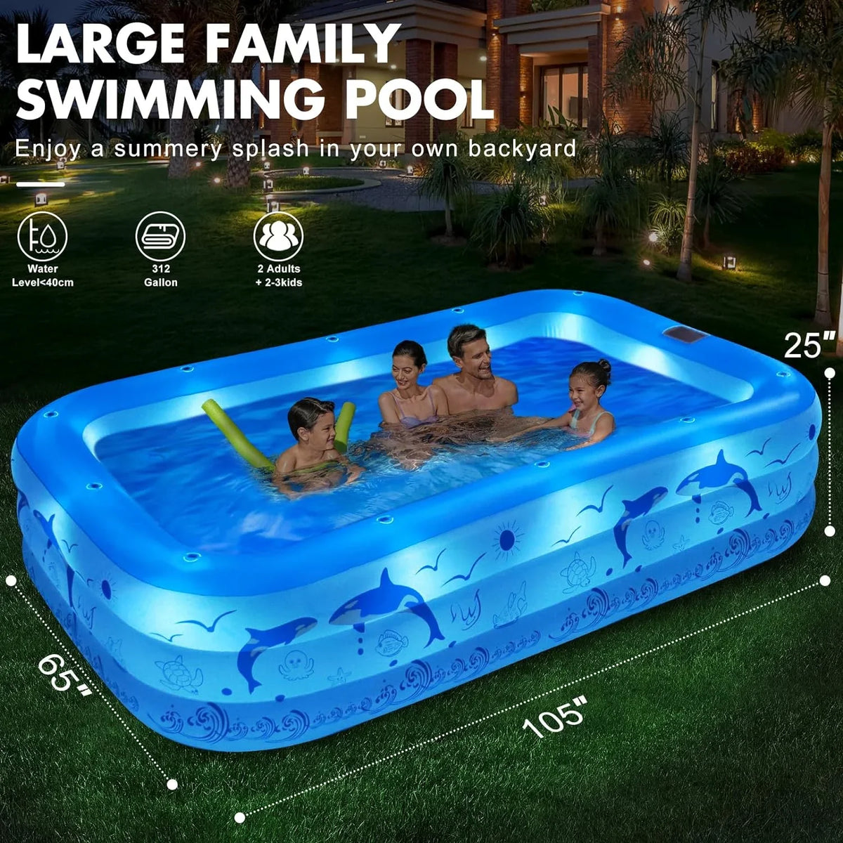 Swimming Pool Family Large Inflatable Kiddle for Blow Inflatable Thickened with Kids,Adults, Backyard Lights, Upgraded 2024 Pool, Solar Powered, up 105"x65"x25''Oversized Pool for Pool Pool