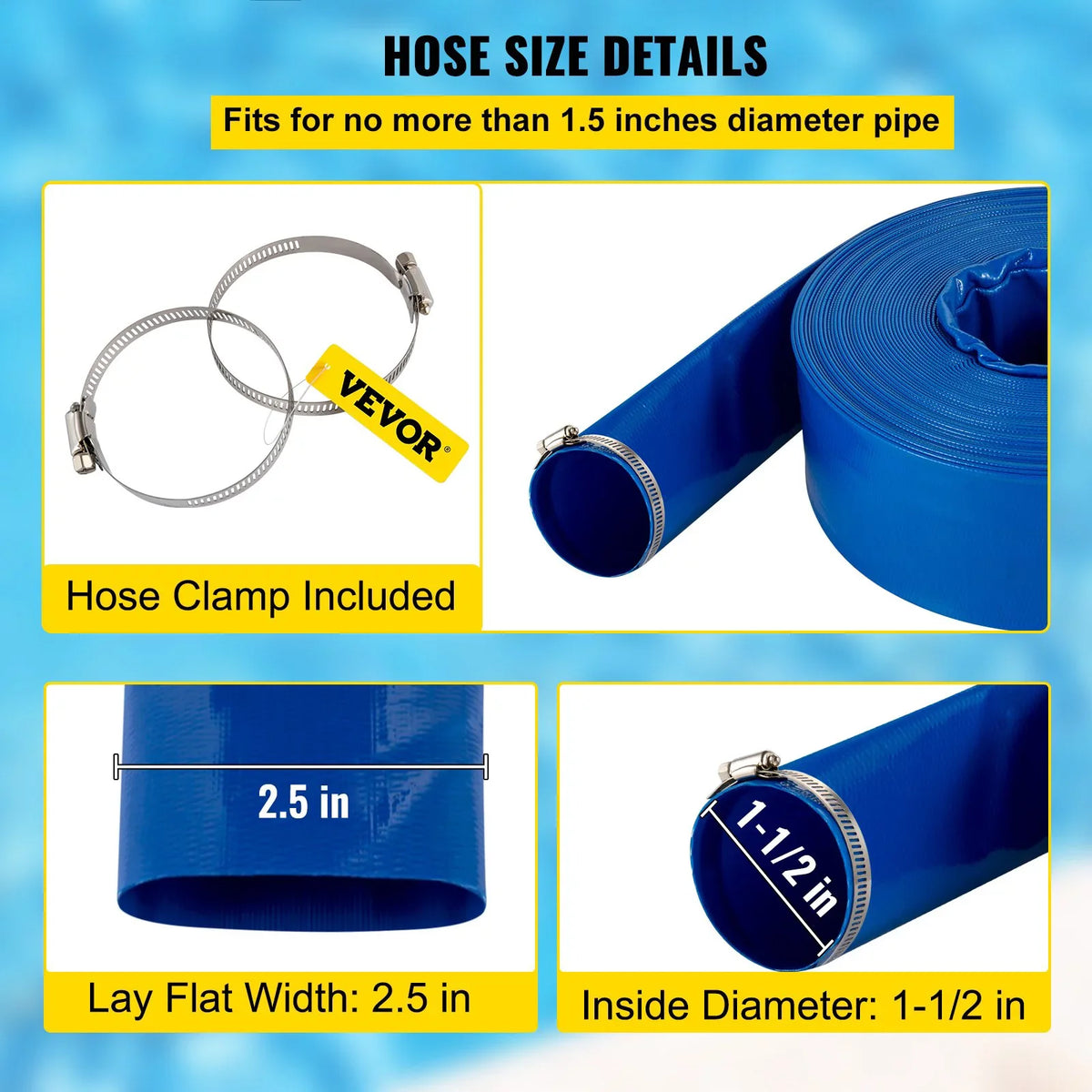 Blue Ideal Clamps, Hose, Discharge for & VEVOR Weather-proof Heavy Flat Lay 105', & Swimming Fabric Transfer, with Water 1-12" Hose, Backwash Hose Drain Burst-proof, Pool Duty x