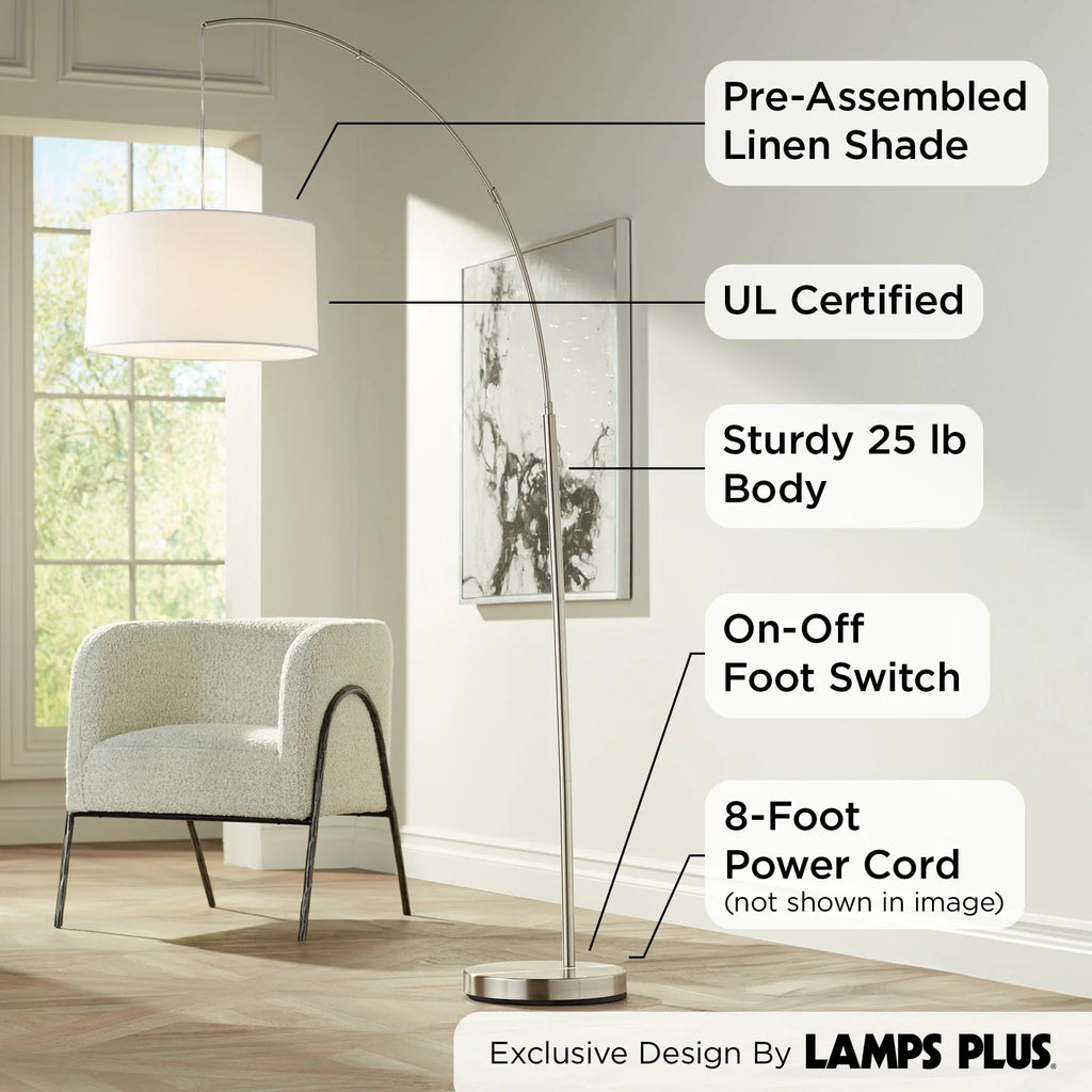 Lighting Modern 360 Reading Nickel 72" Metal White Linen House Living Lamp Shade Arc Floor Brushed Bedroom Drum Cora for Standing Office Room Tall