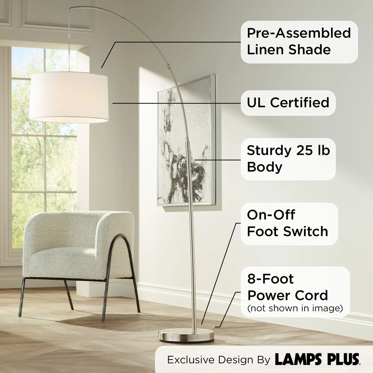 Lighting Modern 360 Reading Nickel 72" Metal White Linen House Living Lamp Shade Arc Floor Brushed Bedroom Drum Cora for Standing Office Room Tall