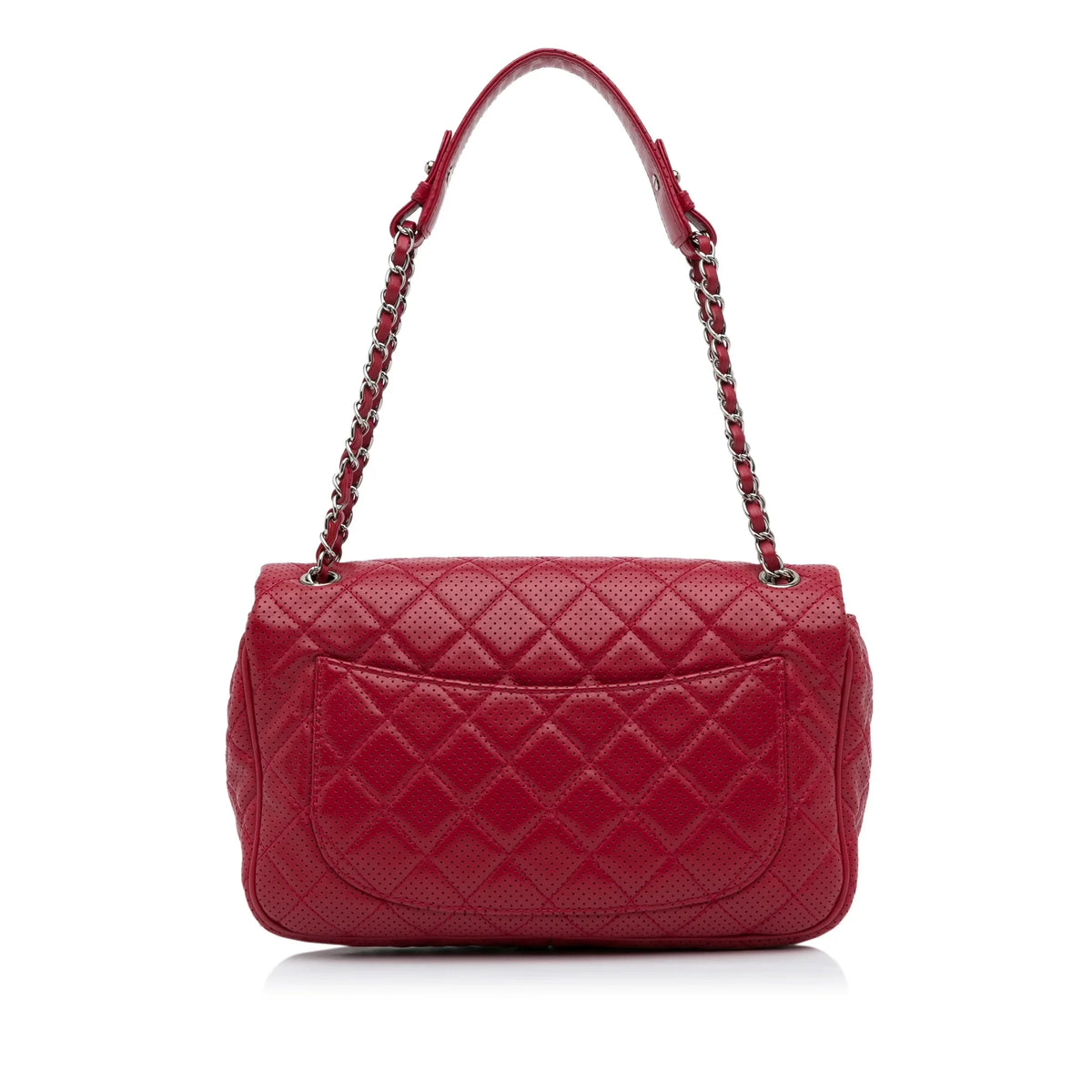 Leather Red (Good) Shoulder Pre-Owned Unisex Classic Authenticated Jumbo Perforated Lambskin Bag Single Chanel Flap