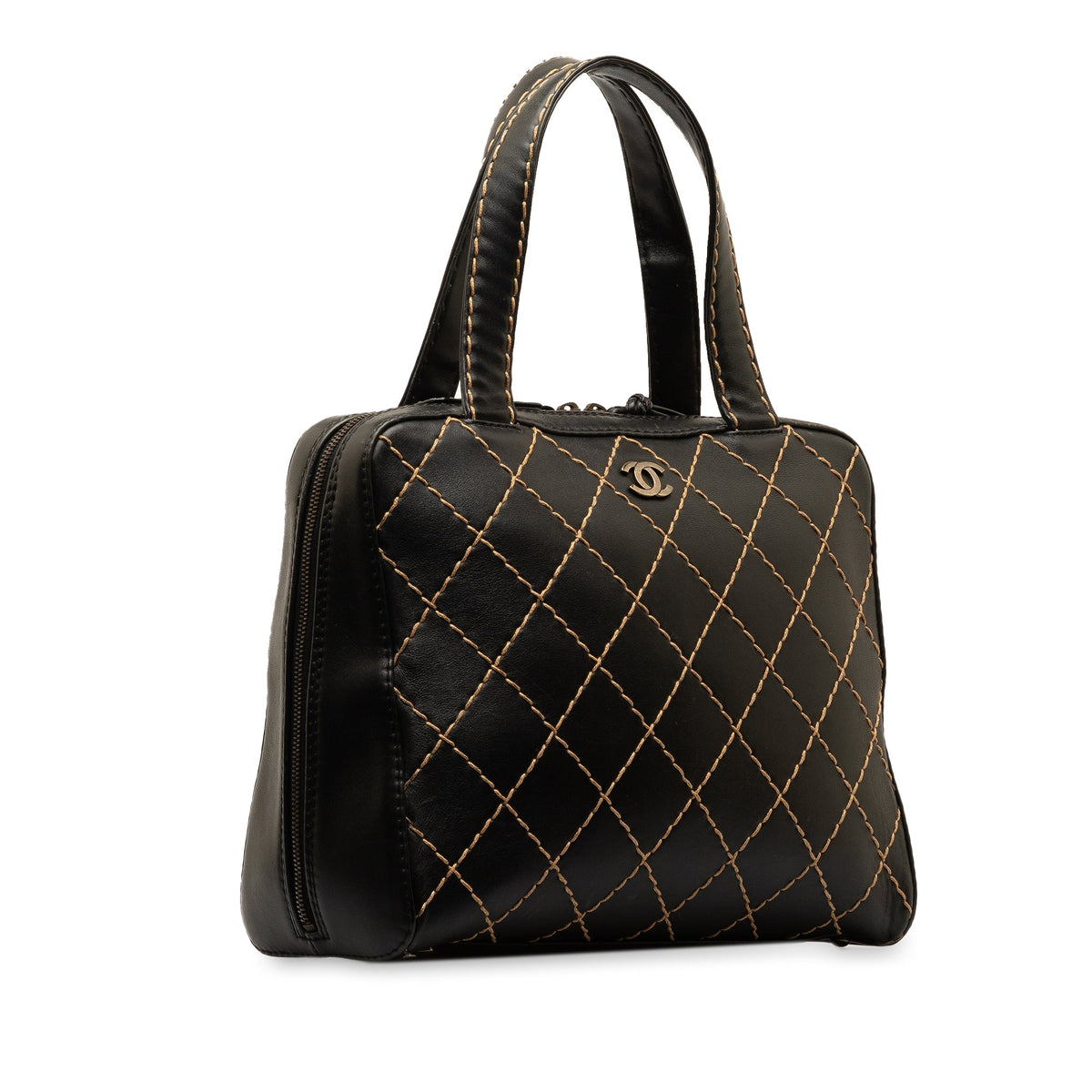 Lambskin Unisex Handbag CC HandleBag Wild Authenticated Leather Top (Good) Chanel Stitch Pre-Owned