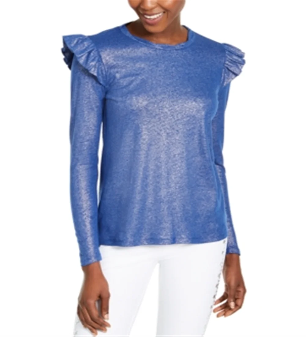 KORS Size: Neck Ruffled Womens Metallic Jewel Long Top Blue L Sleeve MICHAEL