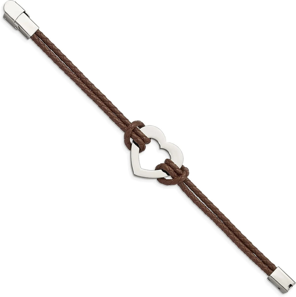 Bracelet - Stainless Steel Leather Chisel Brown Polished 7.5" Heart Braided