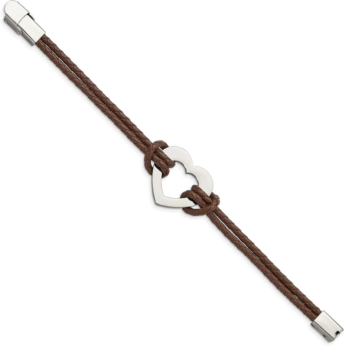 Bracelet - Stainless Steel Leather Chisel Brown Polished 7.5" Heart Braided