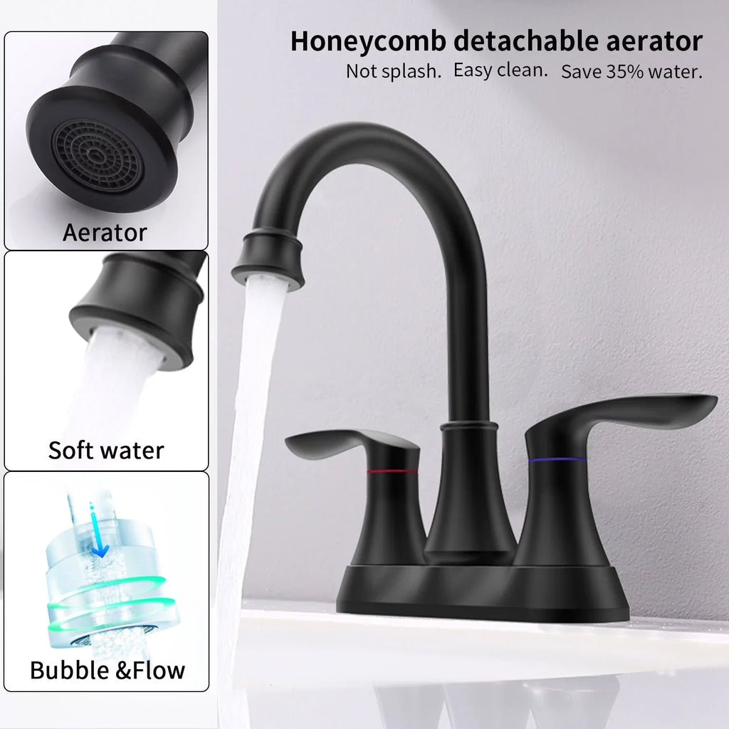 with Faucet，2-Handle Kichae Centerset Sink Inch 6 Pop-up Degree Bathroom 360 & Spout Supply Hoses，Matte Vanity Drain Swivel Faucet