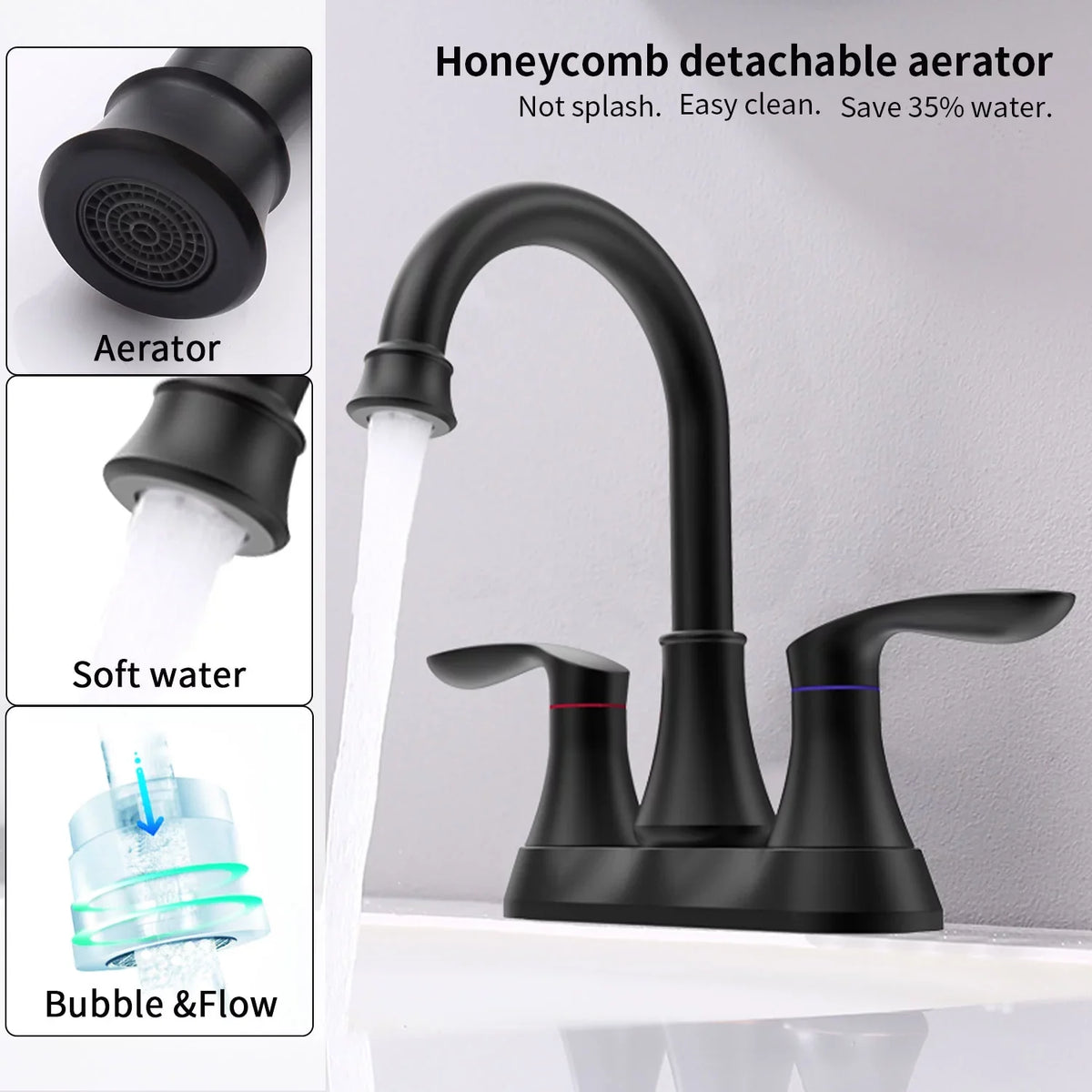 with Faucet，2-Handle Kichae Centerset Sink Inch 6 Pop-up Degree Bathroom 360 & Spout Supply Hoses，Matte Vanity Drain Swivel Faucet