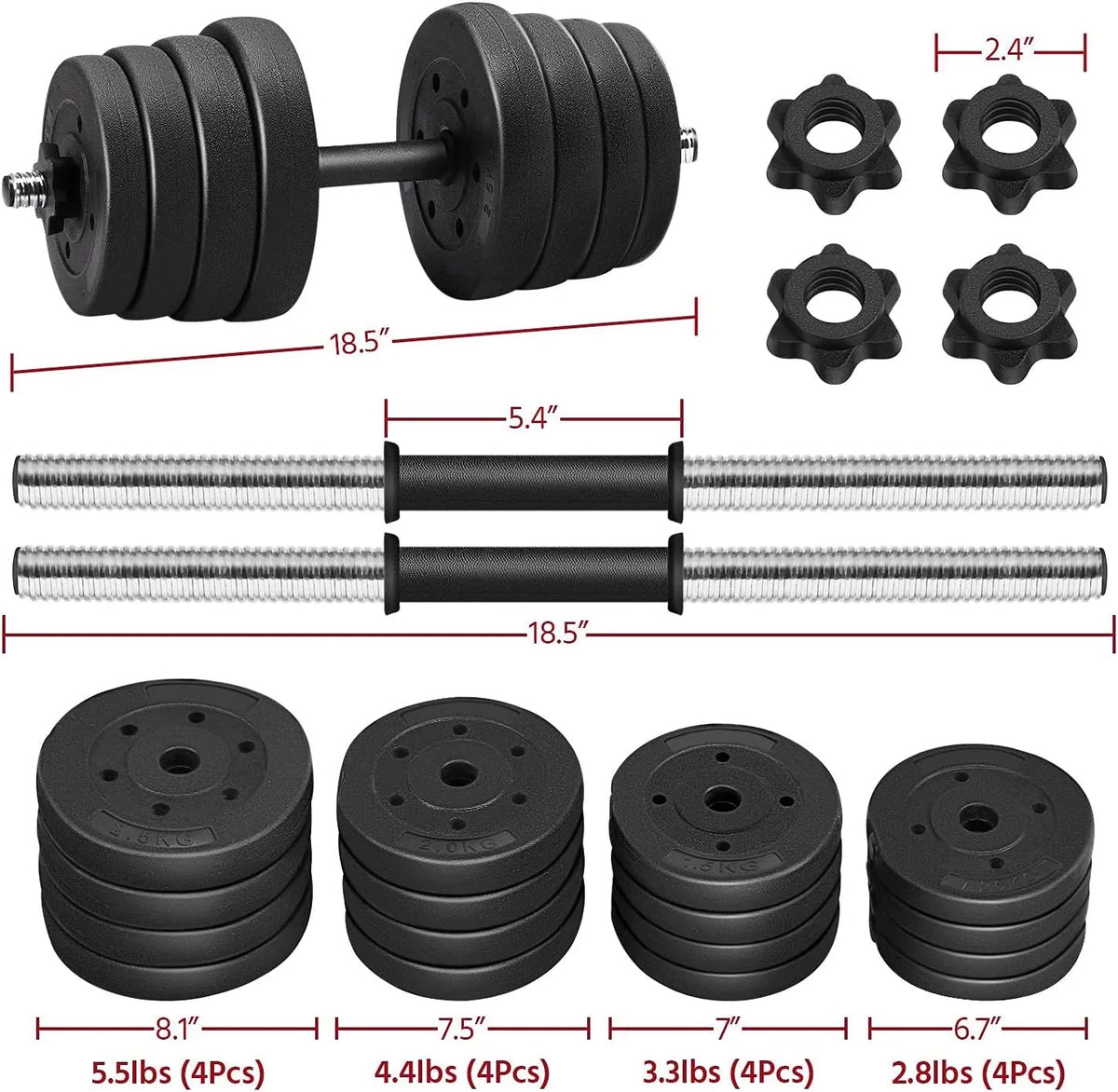 Women Body for Men and Adjustable Training Fitness Set, Gym/home Strength 66LB Weight Dumbbell Plates Barbell Workout Cap