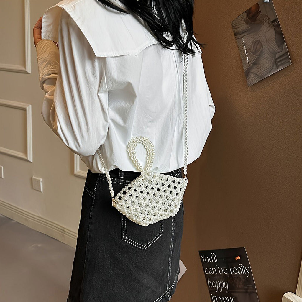 Basket Elegant Style Hollowed-out Women Crossbody Pearl For Beaded Faux Bag Purse moocr Bucket