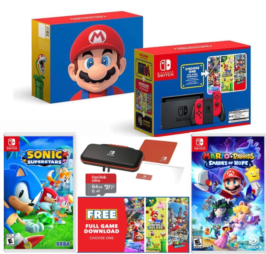 Three Switch Memory Edition Download - Joy-Con of + - Hope MicroSD 64GB Sonic Mario & Choose Games Superstars Red Switch Nintendo Mario Carrying Rabbids Spark card + Case Mario One + 40th + of