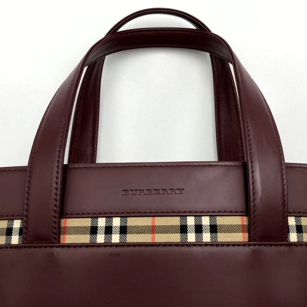 Fashion Leather Pre-Owned Bordeaux USED Ladies Tote Burberry Nova Check Bag Red BURBERRY Handbag (Good) Formal