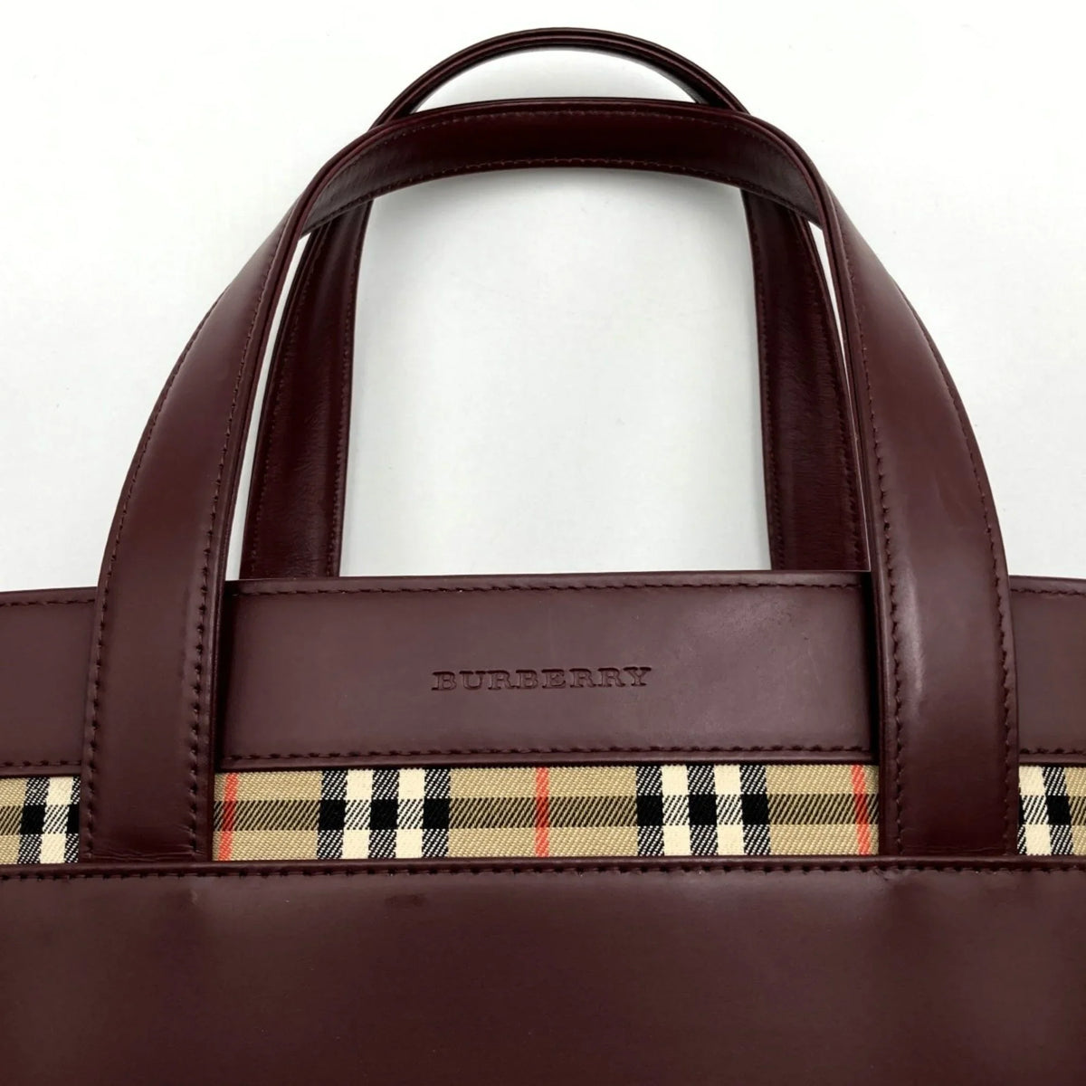 Fashion Leather Pre-Owned Bordeaux USED Ladies Tote Burberry Nova Check Bag Red BURBERRY Handbag (Good) Formal