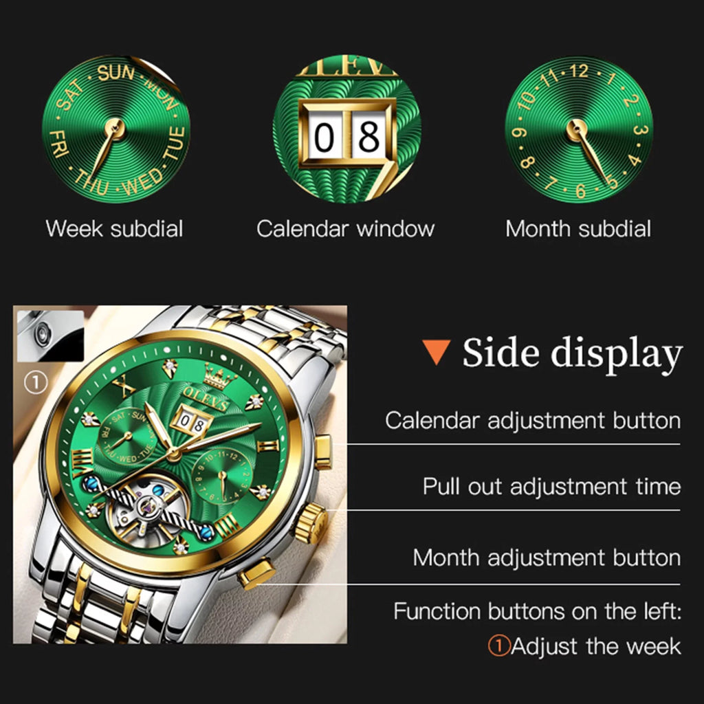 Automatic Mens Dress OLEVS Watches Diamond Business Stainless for Watches Steel Band Skeleton Men Self-Winding Luxury
