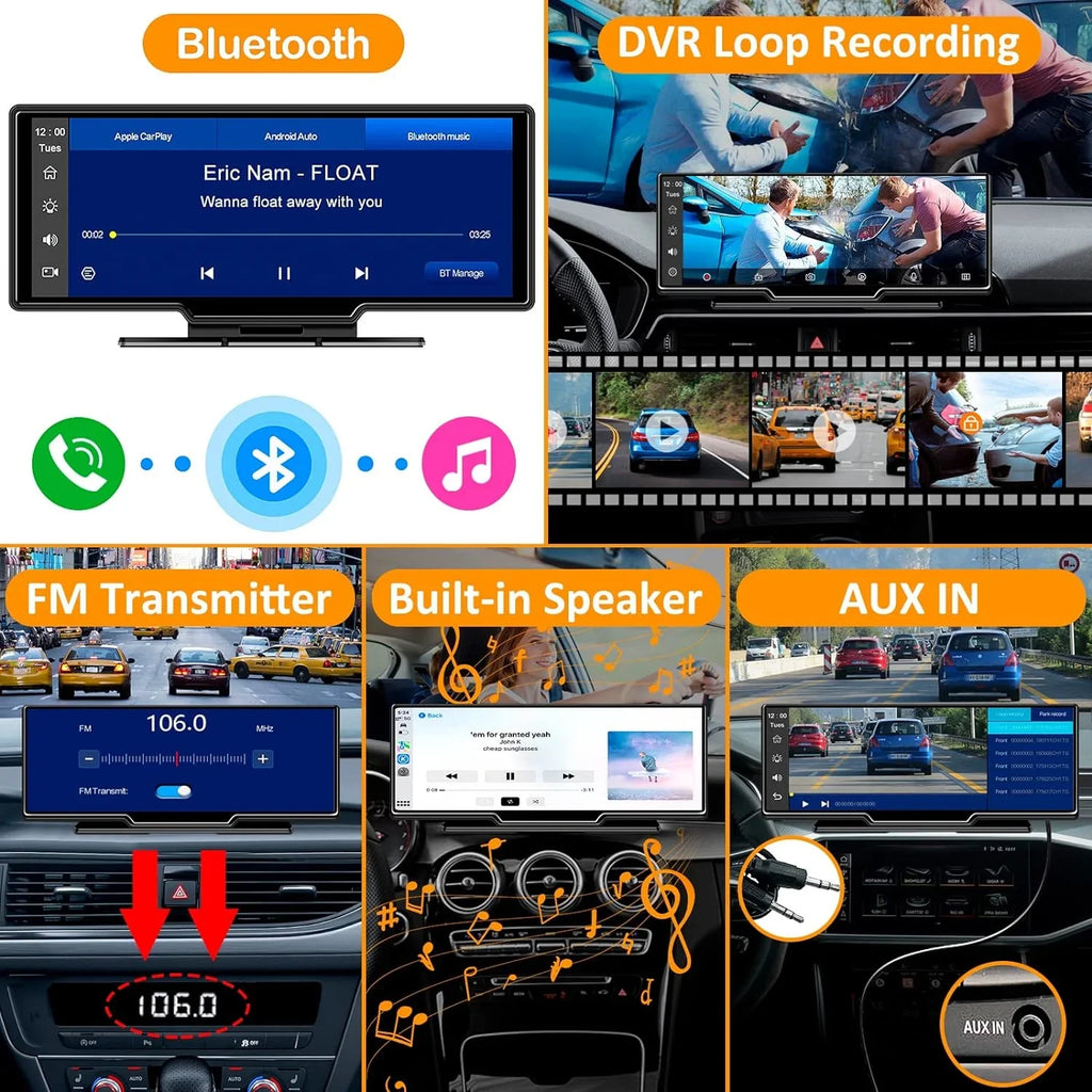 Carplay Camera, Navigation 9" Wireless GPS CAIHONG Receiver Car Auto, Android Head Dash Bluetooth, Recording, IPS Stereo Unit, Car with Portable Screen, HD - Cam 2.5K Backup 1080p Radio Loop