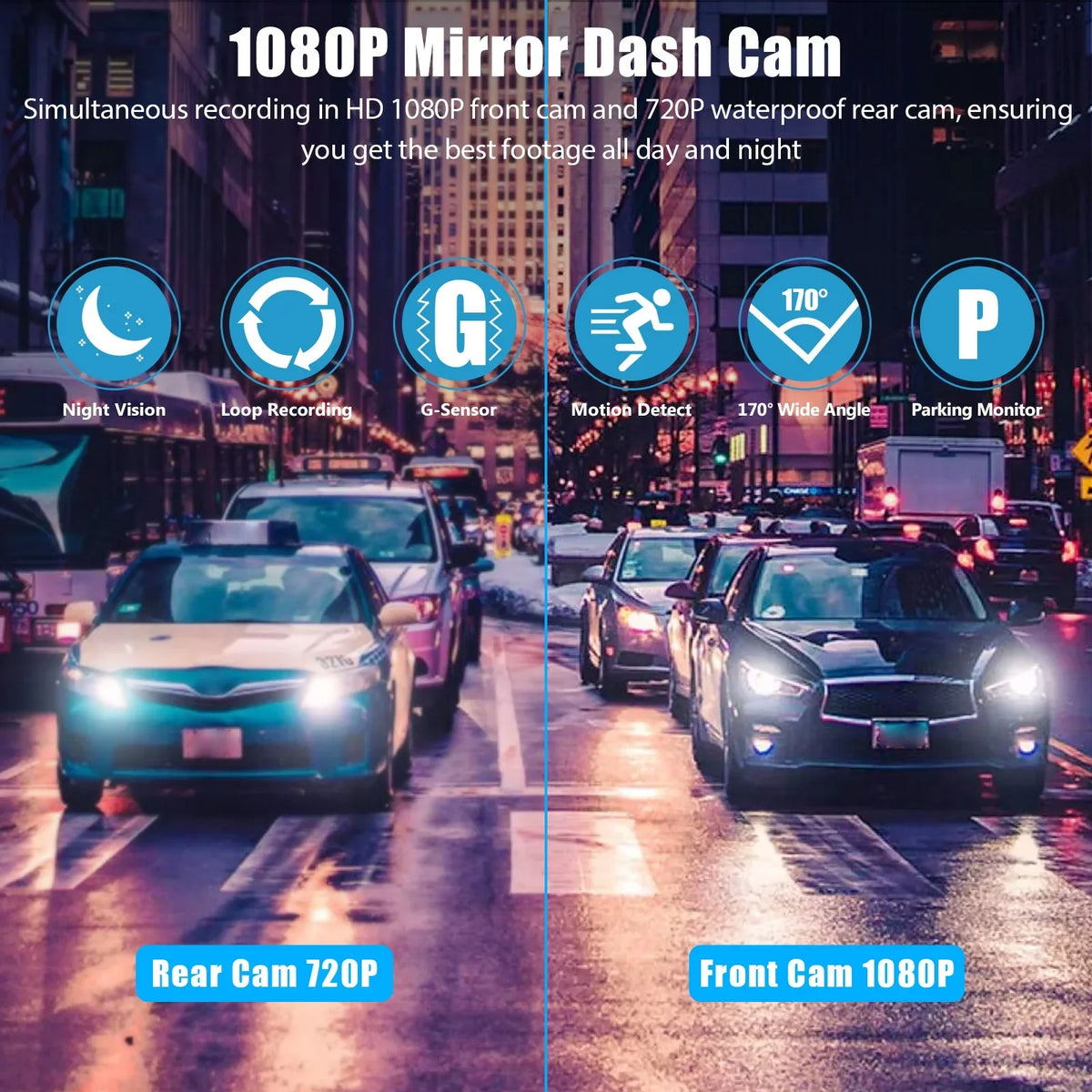 Dual EEEkit Screen View Dash Lens Dash Detection, Cars, Motion Rear Wide-Angle Camera, Front Mirror Camera G-Sensor, Camera 170° 1080P 7inch Cam with Touch Night for Vision, Mirror and Car