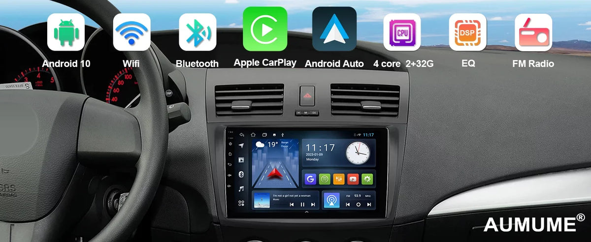 Double Android Built-in stereo Din 3 Carplay/Android 2011 Car Wireless Radio 10 9 Auto/GPS/Bluetooth/FM/AUX-in/Steering Control 2012 2+32G Mazda 2013 for 2010 Wheel Inch TouchScreen with Backup Camera