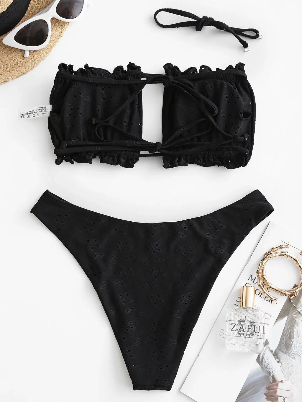 Tie Ribbed Bikini Womens Piece Ruffle Sexy Suits Bathing ZAFUL Cutout 2 Cut Bandeau Swimsuit High