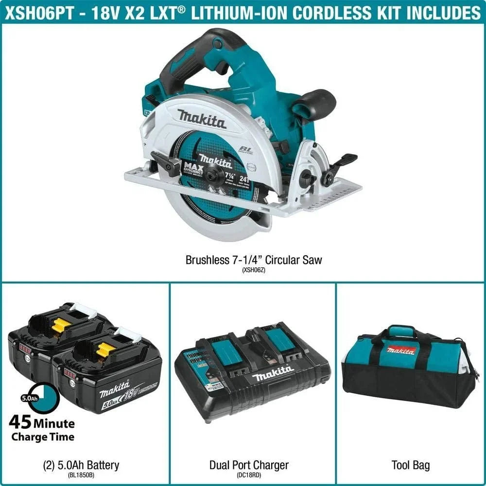 Saw XSH06PT 36V Kit Cordless LXT 7-1/4 Makita 5.0Ah 18V Lithium-Ion Circular Brushless X2