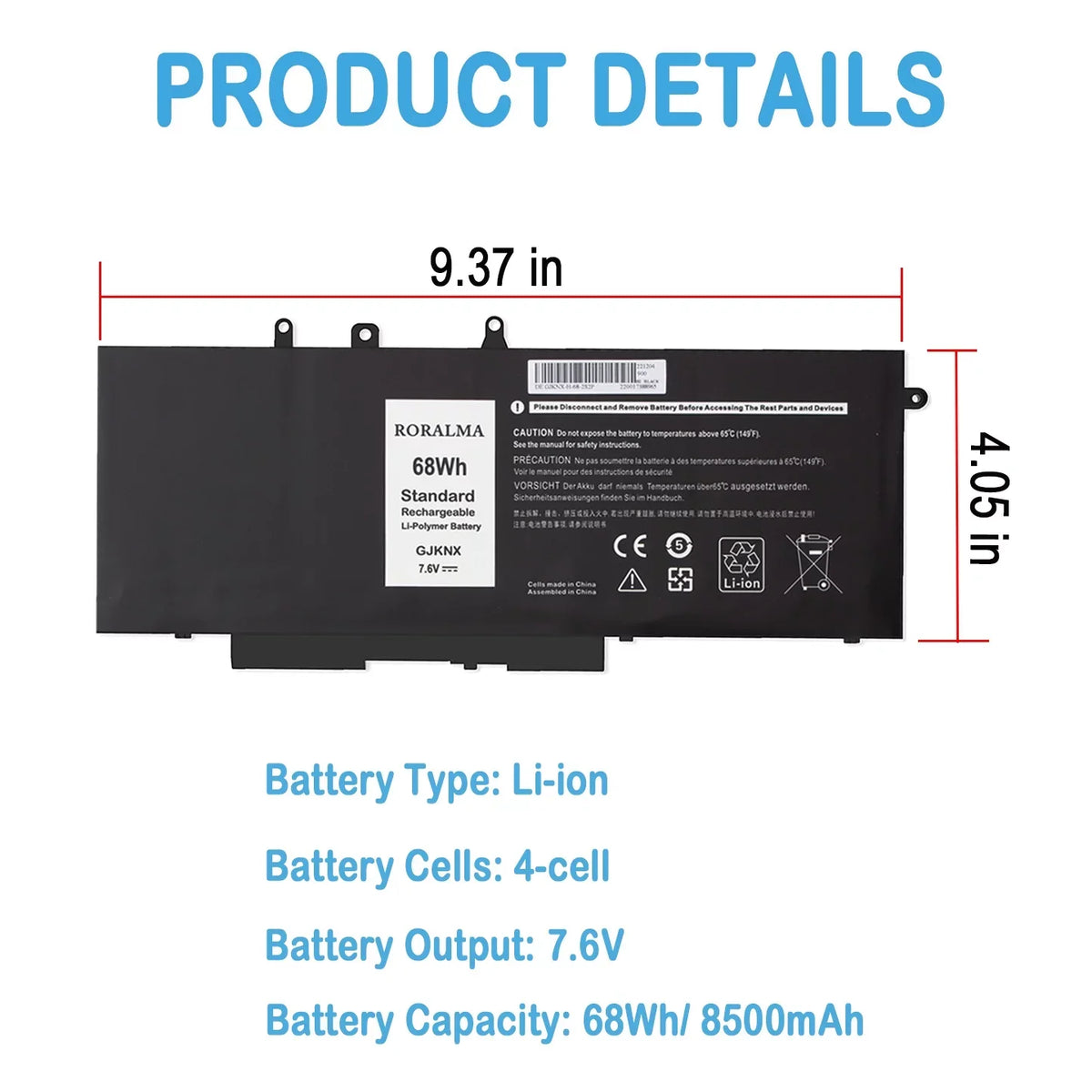 E5490 DY9NT 5288 5491 Series Precision Notebook 3520 3530 68Wh Dell 451-BBZG E5480 Laptop for Latitude 5580 5591 5495 Battery 5480 Dell 5280 5488 E5580 5490 5590 5YHR4 15 E5590, GJKNX GD1JP