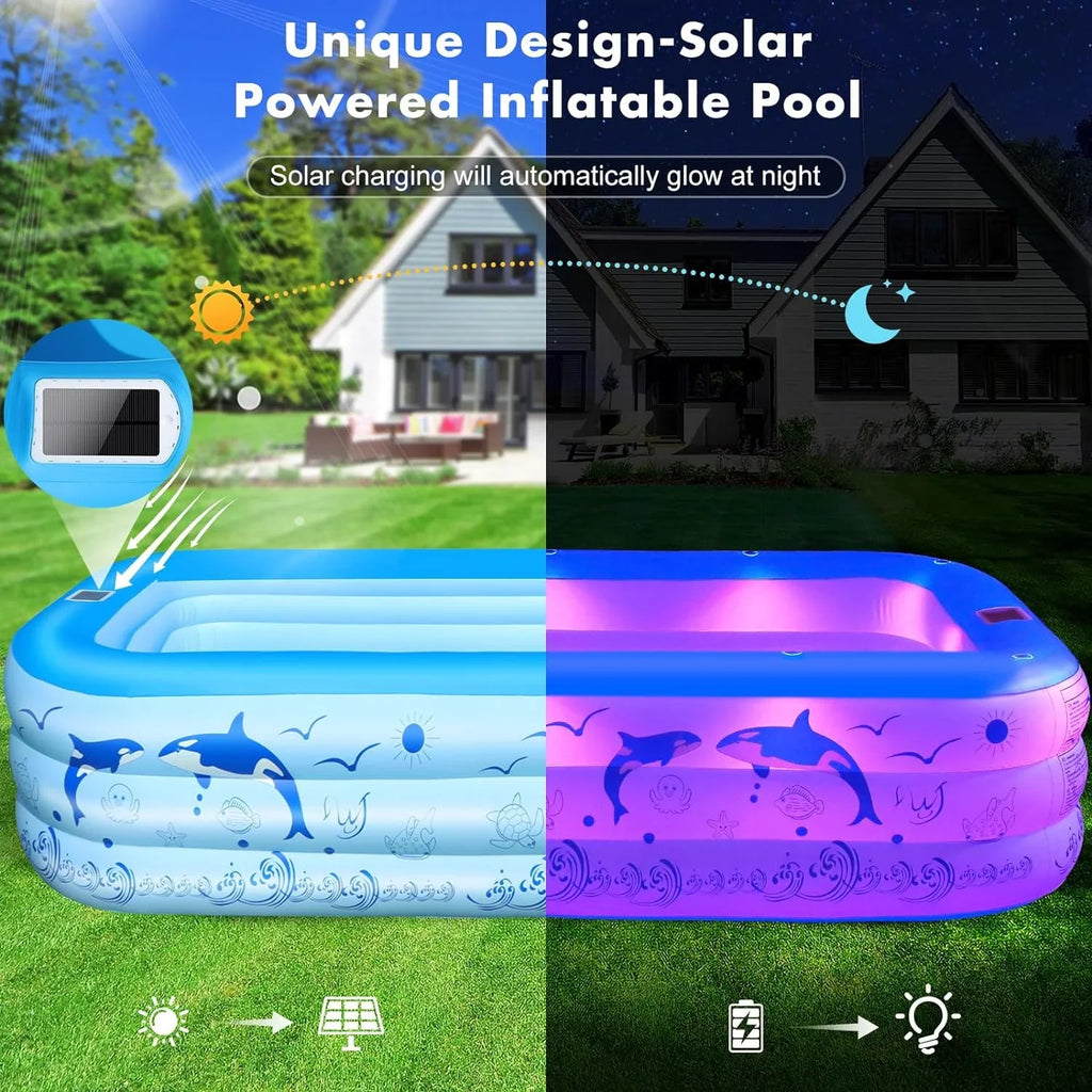 Swimming Pool Family Large Inflatable Kiddle for Blow Inflatable Thickened with Kids,Adults, Backyard Lights, Upgraded 2024 Pool, Solar Powered, up 105"x65"x25''Oversized Pool for Pool Pool