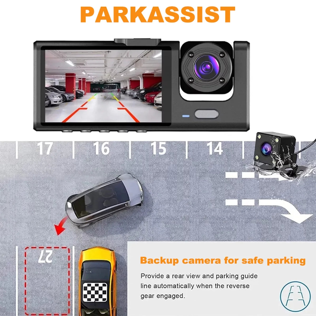 1080P+720P+480p Camcorder Auto Front Video Car Car Recorder Cameras Inside Andoer 3 Cam Mirror Safety Camera Recording Vision and Rear Rearview Dash Driving Night Recorder Car