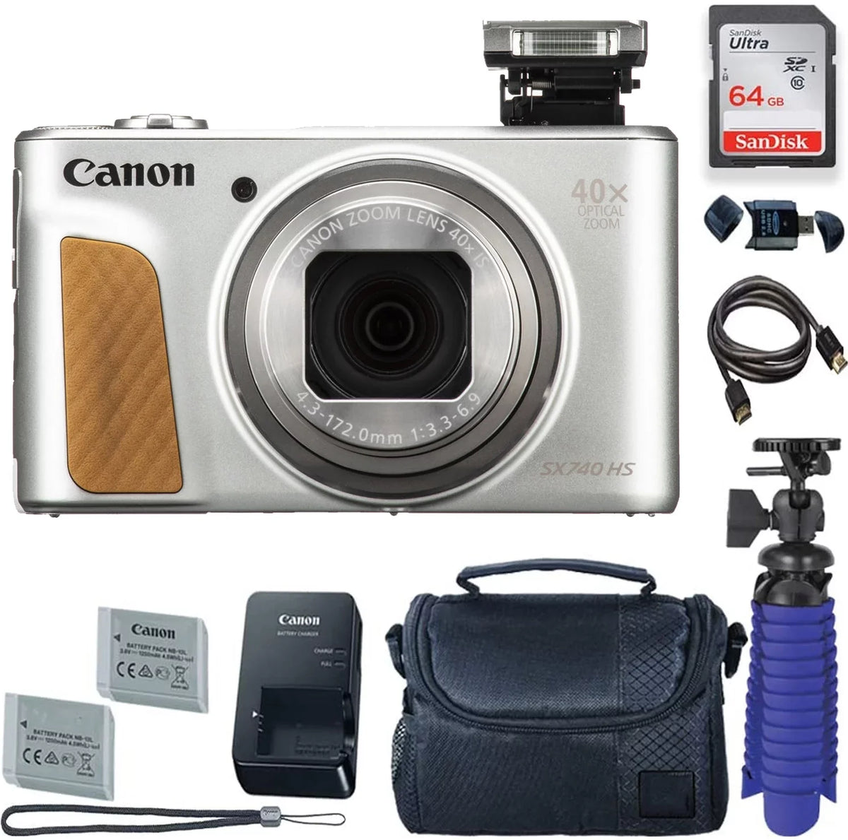 HS Premium Batteries with Tripod Camera Canon PowerShot Card + 2 + Camera GB Case (Silver) SX740 + Digital 64
